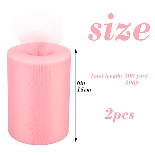 2 Pcs Tulle Fabric Rolls 6 Inch 100 Yards Polyester Tulle Gift Bow Tulle Roll Spool Fabric for Sewing Table Skirt and Birthday Party Wedding Decorations DIY Crafts Supplies (Pink)