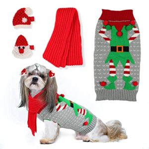 sgqcar 4pieces ugly christmas dog sweater with scarf and hairpin xmas pet dog winter knitwear elf dog clown sweater holiday and party for small medium dogs cat