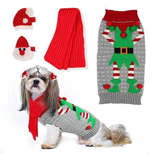 SGQCAR 4Pieces Ugly Christmas Dog Sweater with Scarf and Hairpin Xmas Pet Dog Winter Knitwear Elf Dog Clown Sweater Holiday and Party for Small Medium Dogs Cat