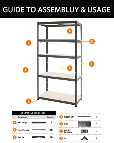 Standing Shelving Adjustable Height Non-Slip Feet Separable Rack Shed Storage Shelves Unit Adjustable Height Non-Slip Feet Separable Rack Unit 66.1"x29.5"x11.8" BLACK 5 Tier (386lb Per Shelf) 1930lb