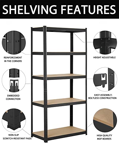 66" Storage Shelves, Heavy Duty Steel Frame 5-Tier Storage Shelves for Garage, Heavy Duty Shelving Unit Metal Storage Rack, Adjustable Storage Shelves Standing for Home/Office/Dormitory/Garage (BLACK)