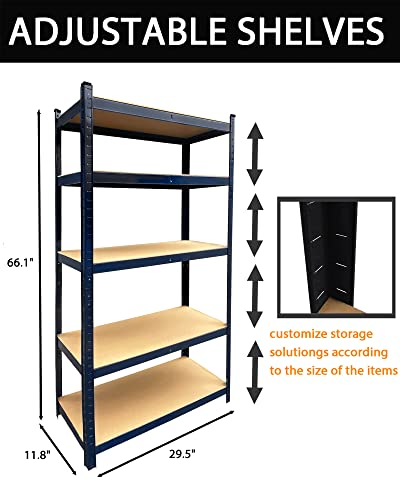 66" Storage Shelves, Heavy Duty Steel Frame 5-Tier Storage Shelves for Garage, Heavy Duty Shelving Unit Metal Storage Rack, Adjustable Storage Shelves Standing for Home/Office/Dormitory/Garage (BLACK)