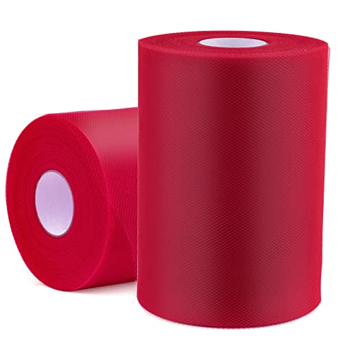 2 Pcs Tulle Fabric Rolls 6 Inch 100 Yards Polyester Tulle Gift Bow Tulle Roll Spool Fabric for Sewing Table Skirt and Birthday Party Wedding Decorations DIY Crafts Supplies (Red)