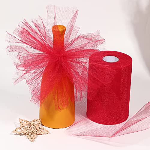 2 Pcs Tulle Fabric Rolls 6 Inch 100 Yards Polyester Tulle Gift Bow Tulle Roll Spool Fabric for Sewing Table Skirt and Birthday Party Wedding Decorations DIY Crafts Supplies (Red)