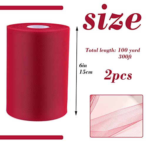 2 Pcs Tulle Fabric Rolls 6 Inch 100 Yards Polyester Tulle Gift Bow Tulle Roll Spool Fabric for Sewing Table Skirt and Birthday Party Wedding Decorations DIY Crafts Supplies (Red)