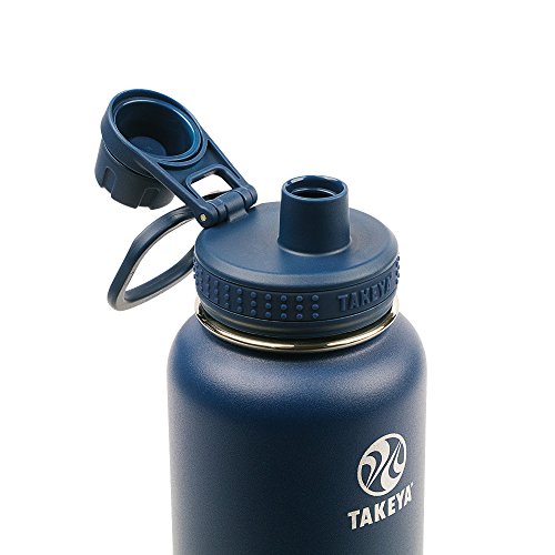 Takeya Actives Insulated Stainless Steel Water Bottle with Spout Lid, 40 Ounce, Midnight Blue & Actives Straw Lid for Insulated Water Bottle, Wide Mouth, Black