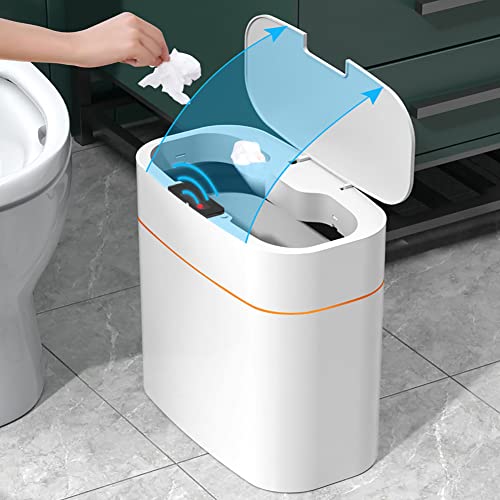 Automatic Trash Can with Lid for Bathroom, Motion Sensor Garbage Bin Waterproof Plastic Smart Rubbish Bin, 2.6 Gallon Slim Touchless Garbage Can for Bedroom, Kitchen, Living Room, Office(No Battery)