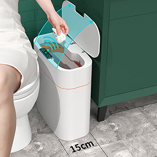 Automatic Trash Can with Lid for Bathroom, Motion Sensor Garbage Bin Waterproof Plastic Smart Rubbish Bin, 2.6 Gallon Slim Touchless Garbage Can for Bedroom, Kitchen, Living Room, Office(No Battery)