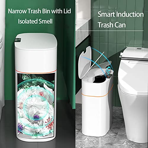 Automatic Trash Can with Lid for Bathroom, Motion Sensor Garbage Bin Waterproof Plastic Smart Rubbish Bin, 2.6 Gallon Slim Touchless Garbage Can for Bedroom, Kitchen, Living Room, Office(No Battery)