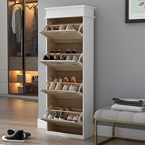 AIEGLE Entryway Shoe Storage Cabinet, Tall Shoe Storage Organizer with 4 Flip Drawers, Hallway Wood Freestanding Shoe Rack, Natural (21.7" L x 9.8" D x 61" H)