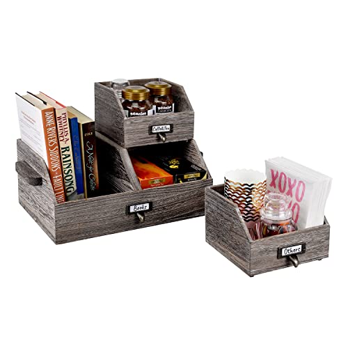 Ikee Design 3 Pcs Set Multipurpose Countertop Wooden Stackable Storage Bin Boxes for Pantry, Kitchen, Office, Cosmetics, Cabinet Organizer, 12.6" W x 8.1" D x 8.9" H, Coffee Color