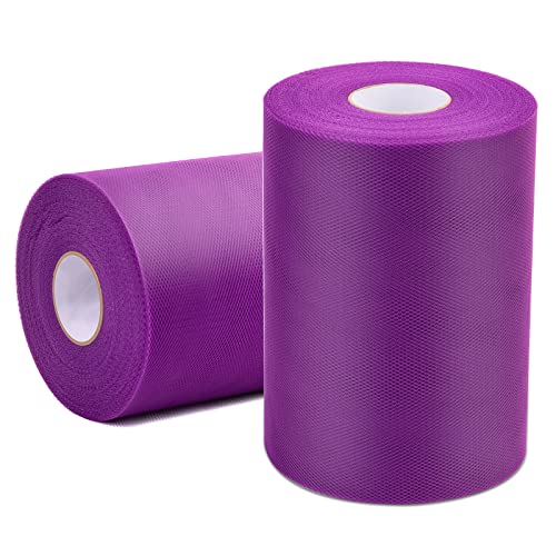 2 Pcs Tulle Fabric Rolls 6 Inch 100 Yards Polyester Tulle Gift Bow Tulle Roll Spool Fabric for Sewing Table Skirt and Birthday Party Wedding Decorations DIY Crafts Supplies (Purple)