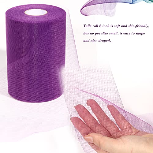 2 Pcs Tulle Fabric Rolls 6 Inch 100 Yards Polyester Tulle Gift Bow Tulle Roll Spool Fabric for Sewing Table Skirt and Birthday Party Wedding Decorations DIY Crafts Supplies (Purple)