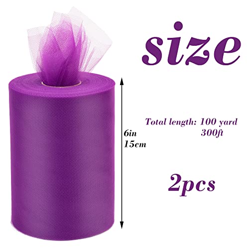 2 Pcs Tulle Fabric Rolls 6 Inch 100 Yards Polyester Tulle Gift Bow Tulle Roll Spool Fabric for Sewing Table Skirt and Birthday Party Wedding Decorations DIY Crafts Supplies (Purple)