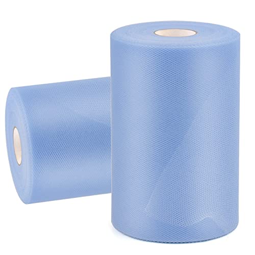 2 Pcs Tulle Fabric Rolls 6 Inch 100 Yards Polyester Tulle Gift Bow Tulle Roll Spool Fabric for Sewing Table Skirt and Birthday Party Wedding Decorations DIY Crafts Supplies (Light Blue)