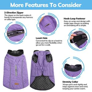 KOESON Windproof Dog Cold Weather Coat, Reflective Pet Winter Thick Warm Outdoor Jacket with Harness Hole, Comfy Cotton Apparel Padded Vest for Small Medium Large Dogs Purple 2XL