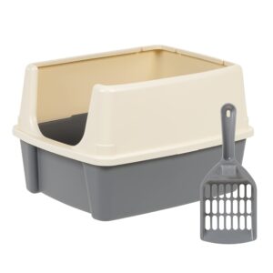 amazon basics tall open top cat litter box with high sides and scoop, 19 x 15 x 11.75 inches, grey/beige