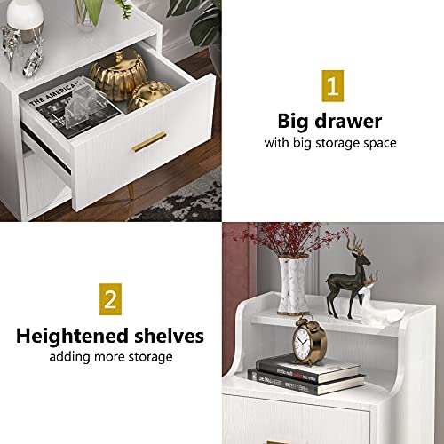 Tribesigns White Nightstand, Modern Bedside Table with 2 Drawers, Nightstands with heightened Shelves, Tall Nightstand with Golden Metal Legs, Bed Night Table for Bedroom, Big Wooden Night Stand