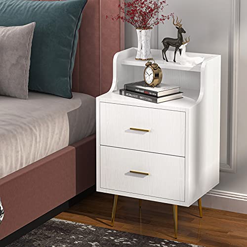 Tribesigns White Nightstand, Modern Bedside Table with 2 Drawers, Nightstands with heightened Shelves, Tall Nightstand with Golden Metal Legs, Bed Night Table for Bedroom, Big Wooden Night Stand