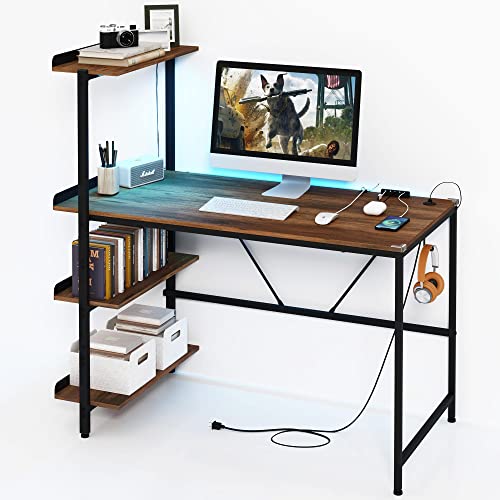 LINSY HOME Computer Desk 47 Inch with LED Light, Home Office Desk with USB Charger, Multifunctional PC Gaming Desk with 3-Tier Adjustable Storage Shelves & Cable Management, Brown