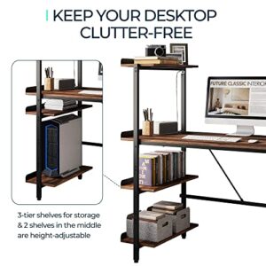 LINSY HOME Computer Desk 47 Inch with LED Light, Home Office Desk with USB Charger, Multifunctional PC Gaming Desk with 3-Tier Adjustable Storage Shelves & Cable Management, Brown