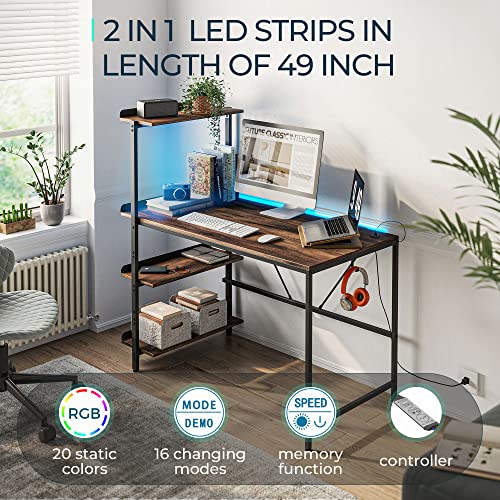 LINSY HOME Computer Desk 47 Inch with LED Light, Home Office Desk with USB Charger, Multifunctional PC Gaming Desk with 3-Tier Adjustable Storage Shelves & Cable Management, Brown