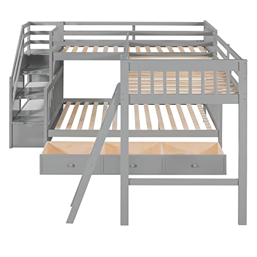Modern L-Shaped Solid Wood Triple Bed, Twin over Full Bunk Bed with Storage Staircase and 3 Drawers, Loft Bed Frame with Ladder and Safety Guardrail for Aldults Teens Kids, Maximized Space (Grey)