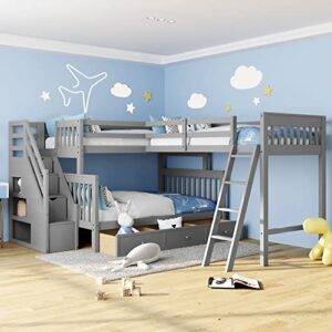 modern l-shaped solid wood triple bed, twin over full bunk bed with storage staircase and 3 drawers, loft bed frame with ladder and safety guardrail for aldults teens kids, maximized space (grey)
