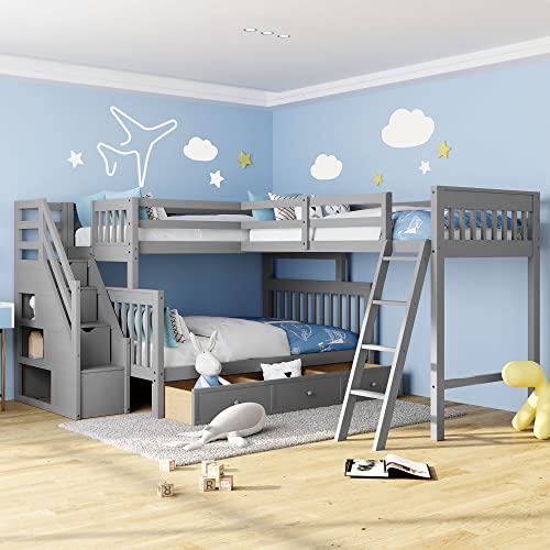 Modern L-Shaped Solid Wood Triple Bed, Twin over Full Bunk Bed with Storage Staircase and 3 Drawers, Loft Bed Frame with Ladder and Safety Guardrail for Aldults Teens Kids, Maximized Space (Grey)