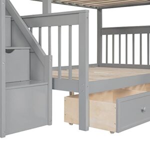 Modern L-Shaped Solid Wood Triple Bed, Twin over Full Bunk Bed with Storage Staircase and 3 Drawers, Loft Bed Frame with Ladder and Safety Guardrail for Aldults Teens Kids, Maximized Space (Grey)