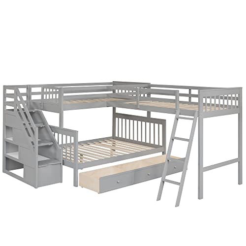 Modern L-Shaped Solid Wood Triple Bed, Twin over Full Bunk Bed with Storage Staircase and 3 Drawers, Loft Bed Frame with Ladder and Safety Guardrail for Aldults Teens Kids, Maximized Space (Grey)