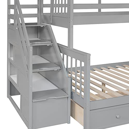 Modern L-Shaped Solid Wood Triple Bed, Twin over Full Bunk Bed with Storage Staircase and 3 Drawers, Loft Bed Frame with Ladder and Safety Guardrail for Aldults Teens Kids, Maximized Space (Grey)