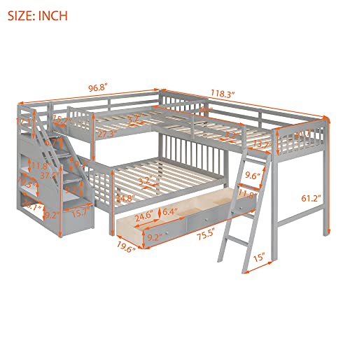 Modern L-Shaped Solid Wood Triple Bed, Twin over Full Bunk Bed with Storage Staircase and 3 Drawers, Loft Bed Frame with Ladder and Safety Guardrail for Aldults Teens Kids, Maximized Space (Grey)