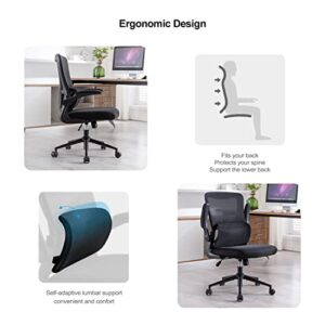 BRTHORY Office Chair Height-Adjustable Ergonomic Desk Chair with Self-Adaptive Lumbar Support, Breathable Mesh Computer Chair High Back Swivel Task Chair with Flip-up Armrests - Black