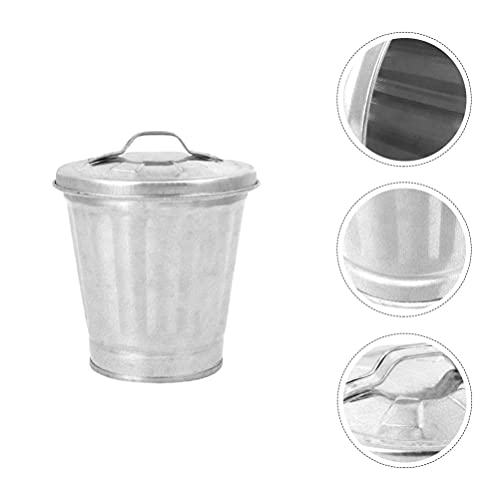 NUOBESTY Galvanized Trash Can with Lid Mini Wastebasket Trash Can Small Metal Buckets with Lids Mini Tabletop Trash Can Mini Metal Rubbish Bin Flower Pot Pen Holder(9.50X9.00X9.00cm)