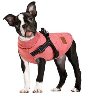 judybridal dog winter jacket pet turtleneck sweater for cold weather with reflective webbing, warm puppy jacket small dog winter coats with harness for chihuahua yorkie dachshund bulldog (m | rose)