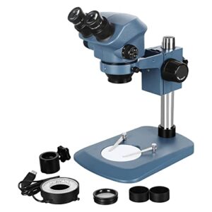 hengtianmei zs7050 profesional binocular stereo microscope, wf10x/22 eyepieces, 7x-50x magnification, 0.7x-5x objective, 72 led ring light illuminator, adjustable zoom and focus knobs