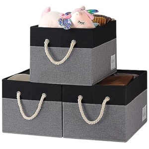 rvsnq large fabric storage bins, closet storage bins with cotton rope handle and label, foldable storage boxes for organizing, storage baskets for shelves bedroom closet office(3-pack, grey&black)