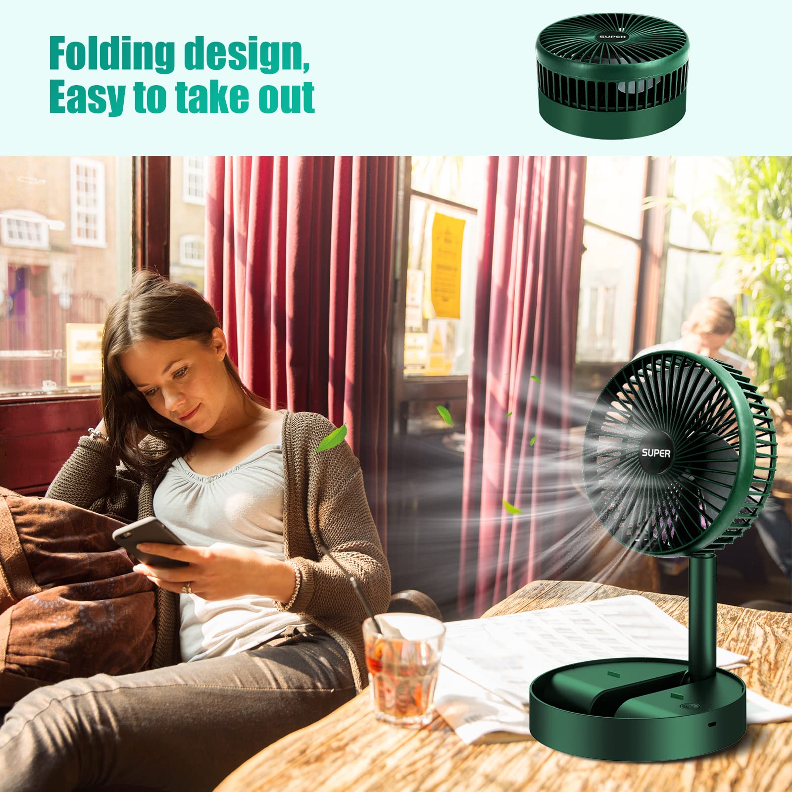 MAESHOP Portable Table Fan 6.5 Inch 3 Speeds Wind Quiet 2000mAh Rechargeable Battery Powered USB Desktop Folding Fan For Home Desk Outdoor Bedroom Office Trave (Green)