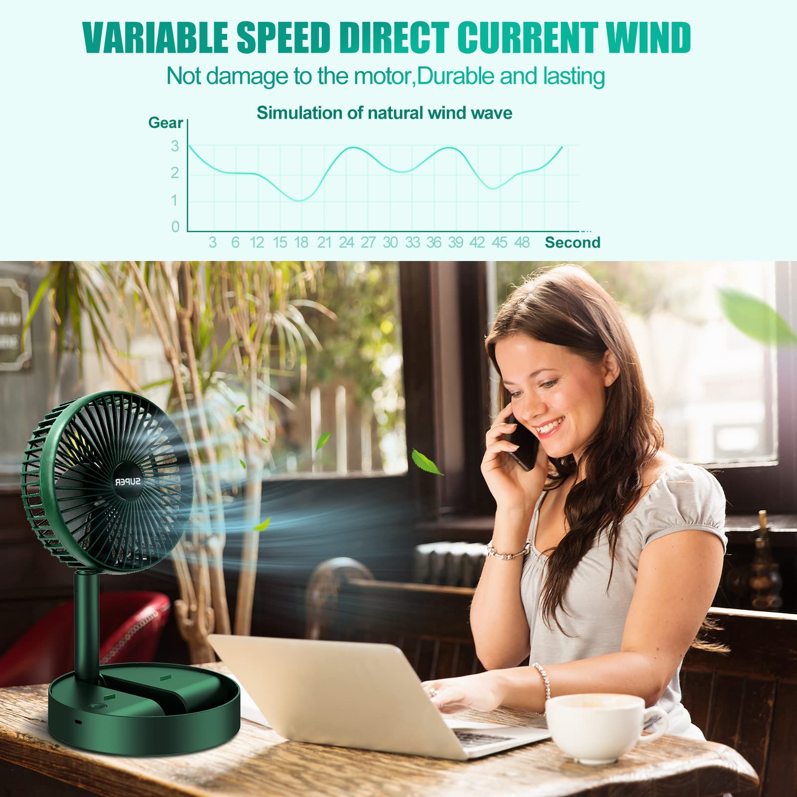 MAESHOP Portable Table Fan 6.5 Inch 3 Speeds Wind Quiet 2000mAh Rechargeable Battery Powered USB Desktop Folding Fan For Home Desk Outdoor Bedroom Office Trave (Green)