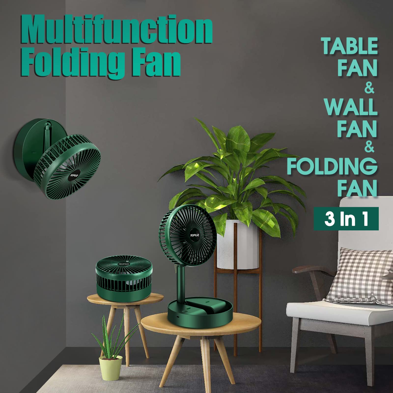 MAESHOP Portable Table Fan 6.5 Inch 3 Speeds Wind Quiet 2000mAh Rechargeable Battery Powered USB Desktop Folding Fan For Home Desk Outdoor Bedroom Office Trave (Green)