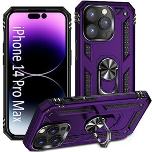 addit iphone 14 pro max military grade case, 15ft drop tested, magnetic car mount ring holder stand - purple