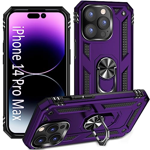 ADDIT iPhone 14 Pro Max Military Grade Case, 15ft Drop Tested, Magnetic Car Mount Ring Holder Stand - Purple