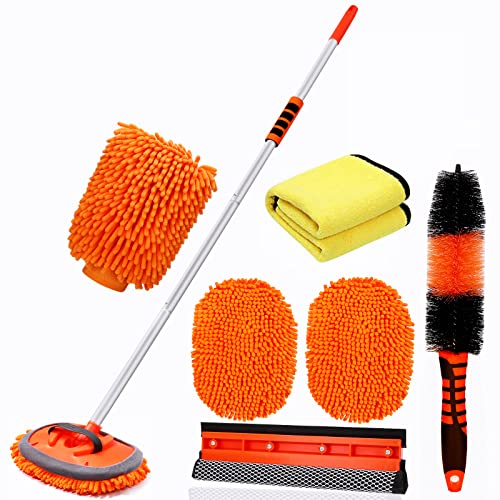 Lsyomne Car Wash Brush with Long Handle 62'' Chenille Microfiber Car Wash Mop Mitt Car Wheel Brush Car Care Cleaning Kit Windshield Window Squeegee Car Microfiber Towels for Cars RV Truck Boat