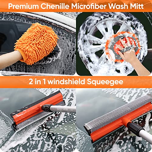 Lsyomne Car Wash Brush with Long Handle 62'' Chenille Microfiber Car Wash Mop Mitt Car Wheel Brush Car Care Cleaning Kit Windshield Window Squeegee Car Microfiber Towels for Cars RV Truck Boat