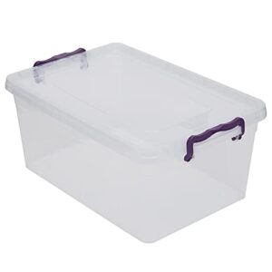 home basics plastic storage box with locking lid, clear | durable latches for secure closure | purple handles (15 liter)