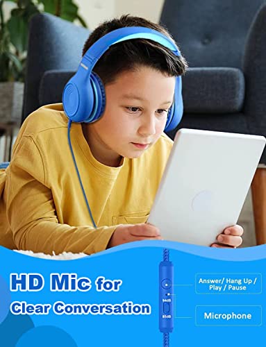 Kids Headphones with Microphone for School, Wired Over Ear Headphones with 85/94dB Safe Volume Limited, Audio Share Port, 3.5mm Jack Foldable Toddler Headphones for Tablet/PC/Phones