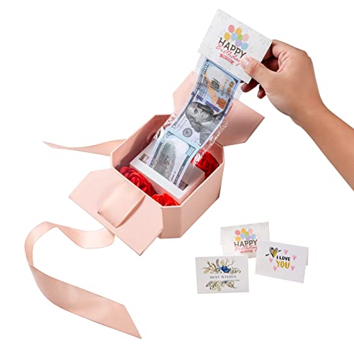 JSUPMKJ Money Pull Box for Cash Gift, Money Roll Gift Box with Flower and Ribbon, Money Gift Box Pull for Birthday/Christmas/Valentine's Day (Pink)