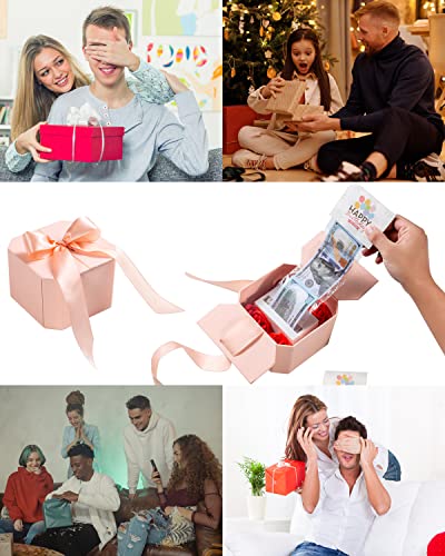 JSUPMKJ Money Pull Box for Cash Gift, Money Roll Gift Box with Flower and Ribbon, Money Gift Box Pull for Birthday/Christmas/Valentine's Day (Pink)