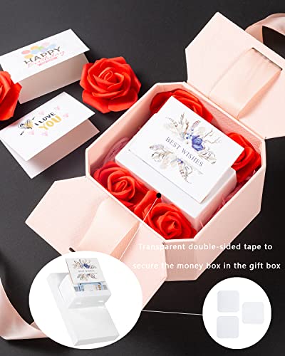 JSUPMKJ Money Pull Box for Cash Gift, Money Roll Gift Box with Flower and Ribbon, Money Gift Box Pull for Birthday/Christmas/Valentine's Day (Pink)